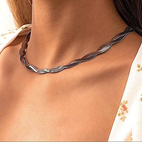 Twisted Braided Sterling Silver Herringbone Flat Snake Choker Necklace - Picture 3 of 10